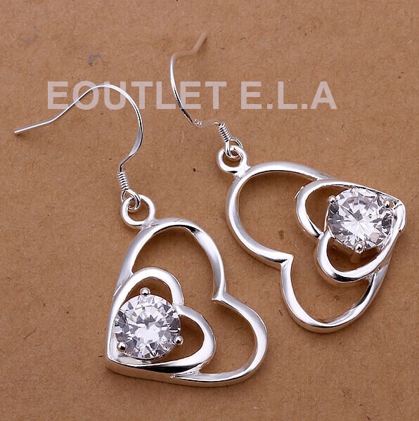 4CT CZ DOUBLE HEART SILVER DANGLE EARRINGS